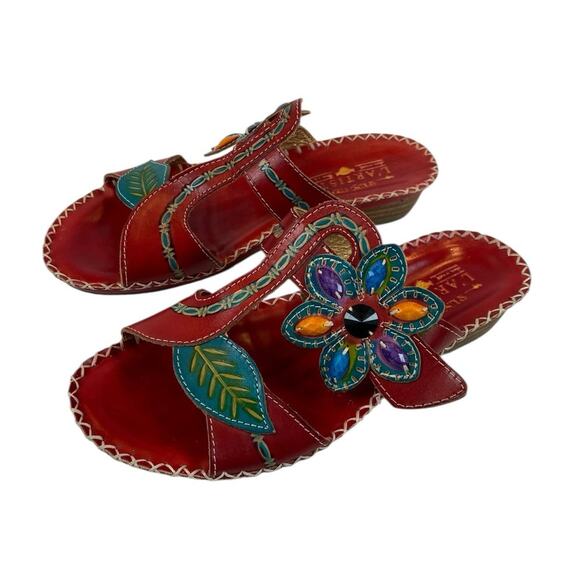 L artiste Spring Step Sandals Red Leather Floral Size 38 / US 8 - Picture 1 of 7
